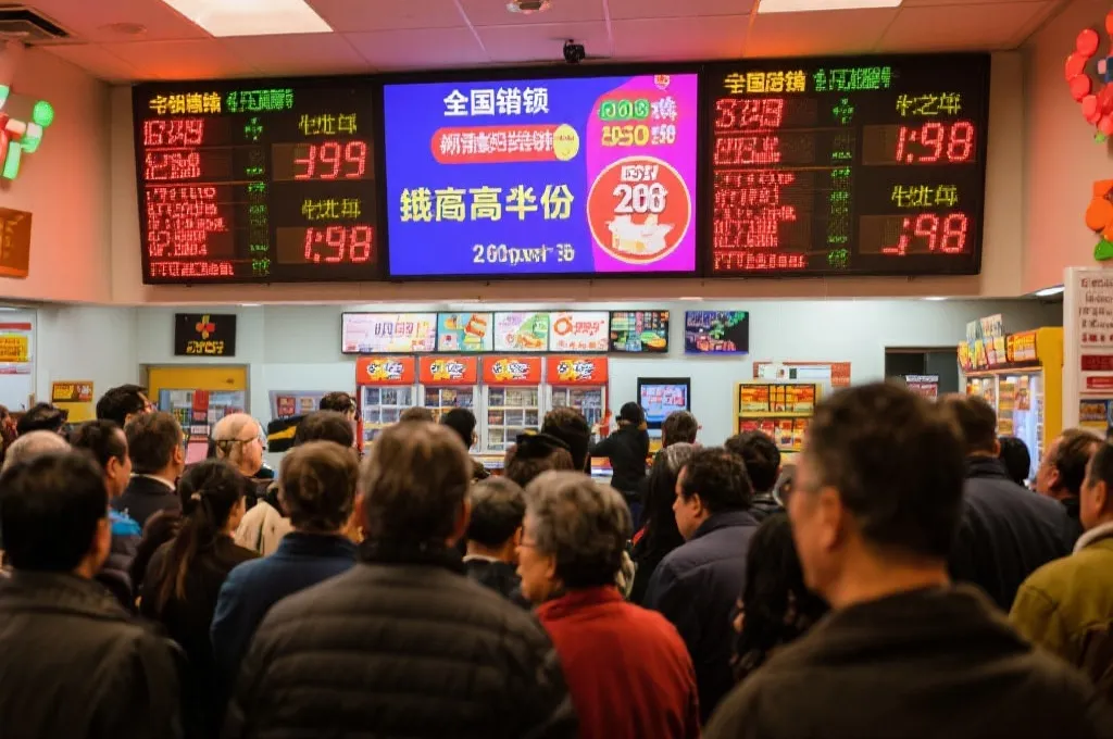 彩票销售大厅人群，电子屏幕显示销售额和奖池